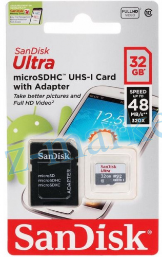 Карта памяти MicroSDHC 32GB Class 10 SanDisk UHS-I 80MB/s Ultra Android + SD адаптер в Гомеле, Минске, Могилеве, Витебске. фото 2