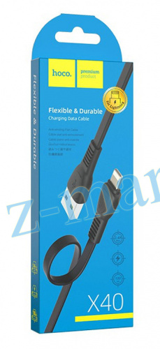USB-кабель HOCO X40 Noah Lightning 8pin для iPhone, 1 метр, 2.4A, ПВХ, плоский, чёрный в Гомеле, Минске, Могилеве, Витебске. фото 2